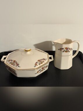 Antique Homer Laughlin Yellowstone Octagon Tureen And Pitcher Floral Bird Set